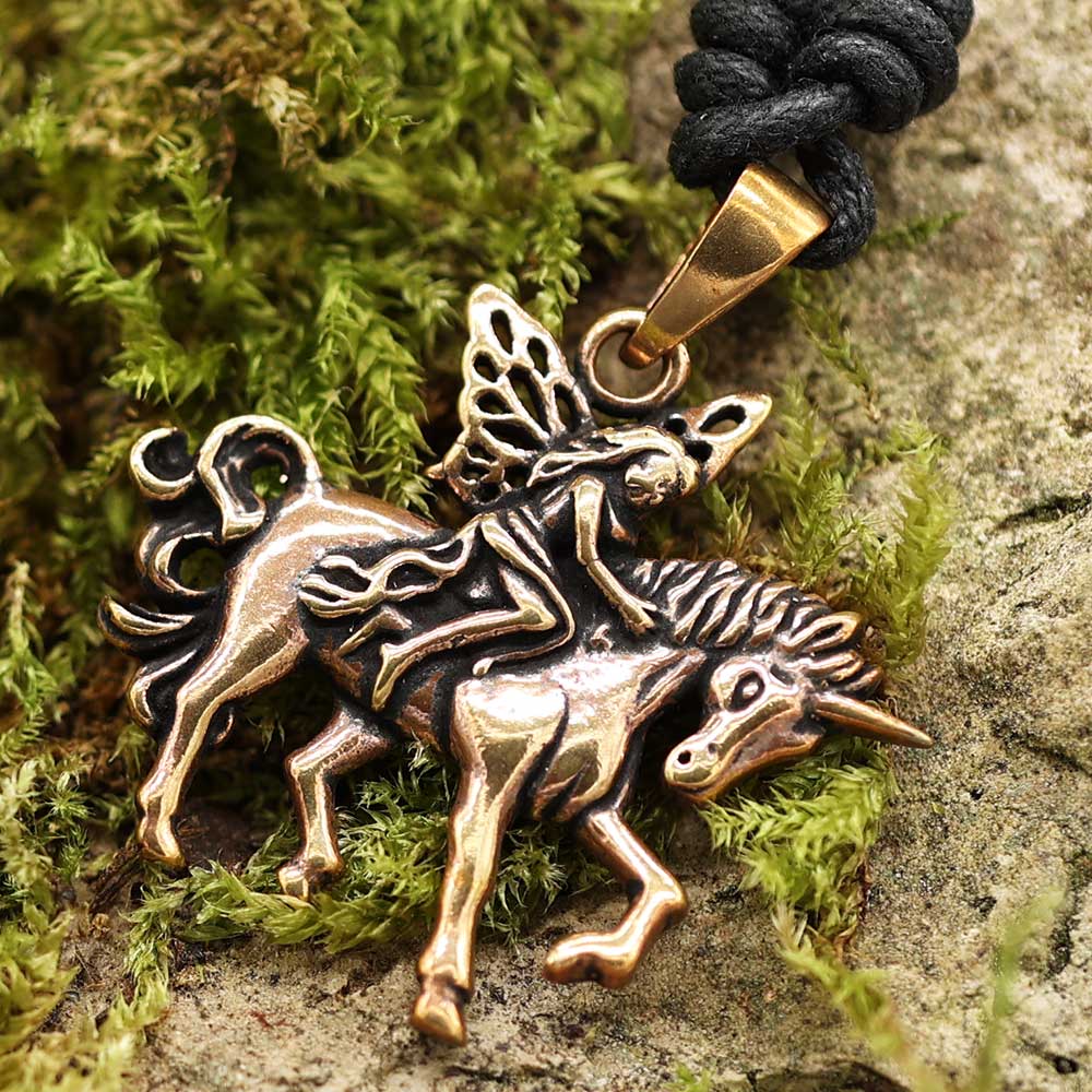 Elfe auf Einhorn Anhänger Schmuck Kette Bronze