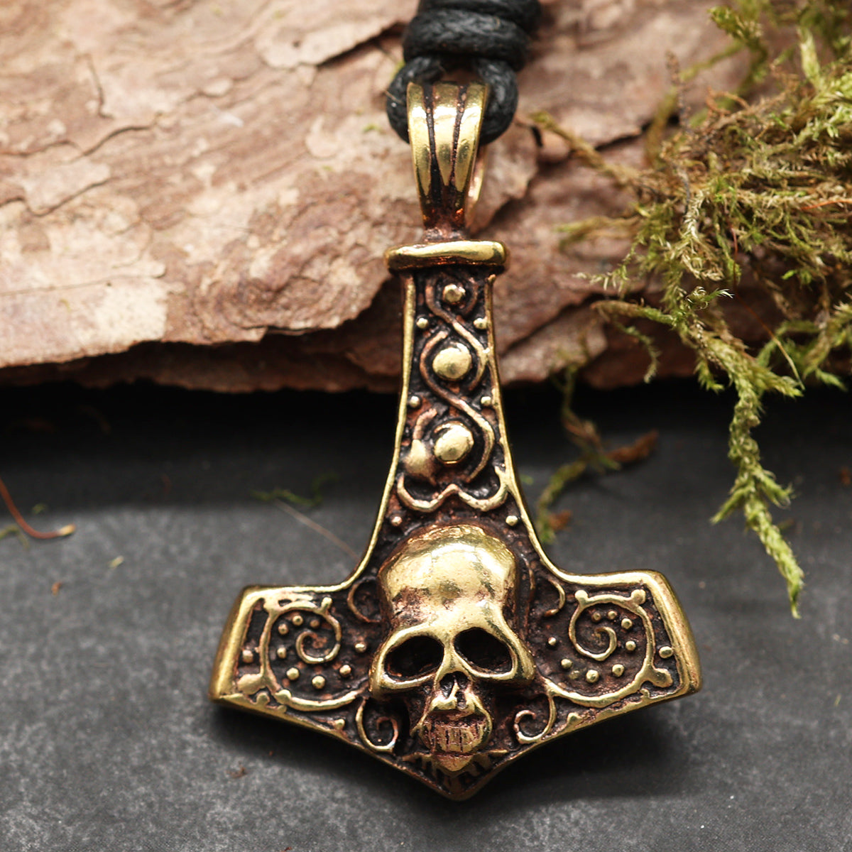 Totenkopf Thorshammer Anhänger Schmuck Bronze Halskette Handarbeit