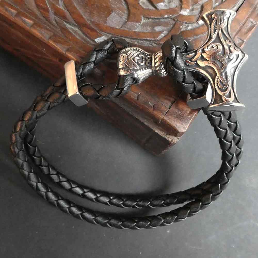 Thorshammer Leder Edelstahl Armband Biker Wikinger