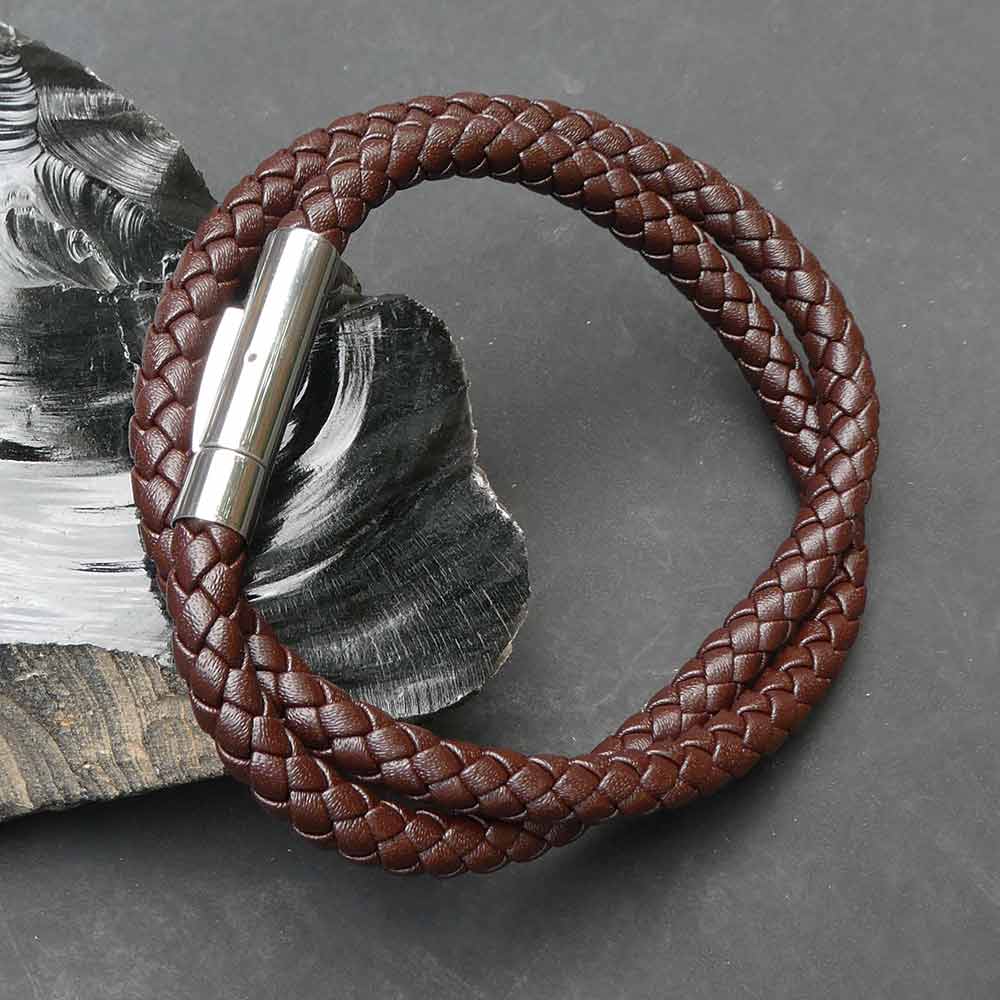 Geflochtenes Leder Armband Braun mit Klickverschluß aus Edelstahl