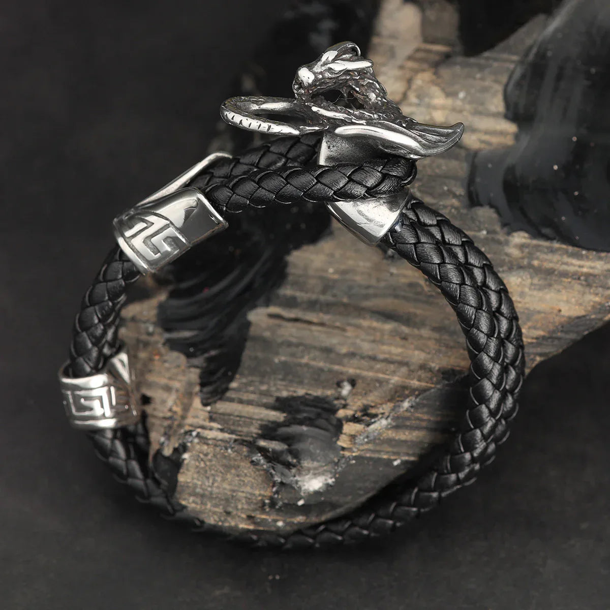 Drachen Armband Leder mit Edelstahl Schiebe Verschluss