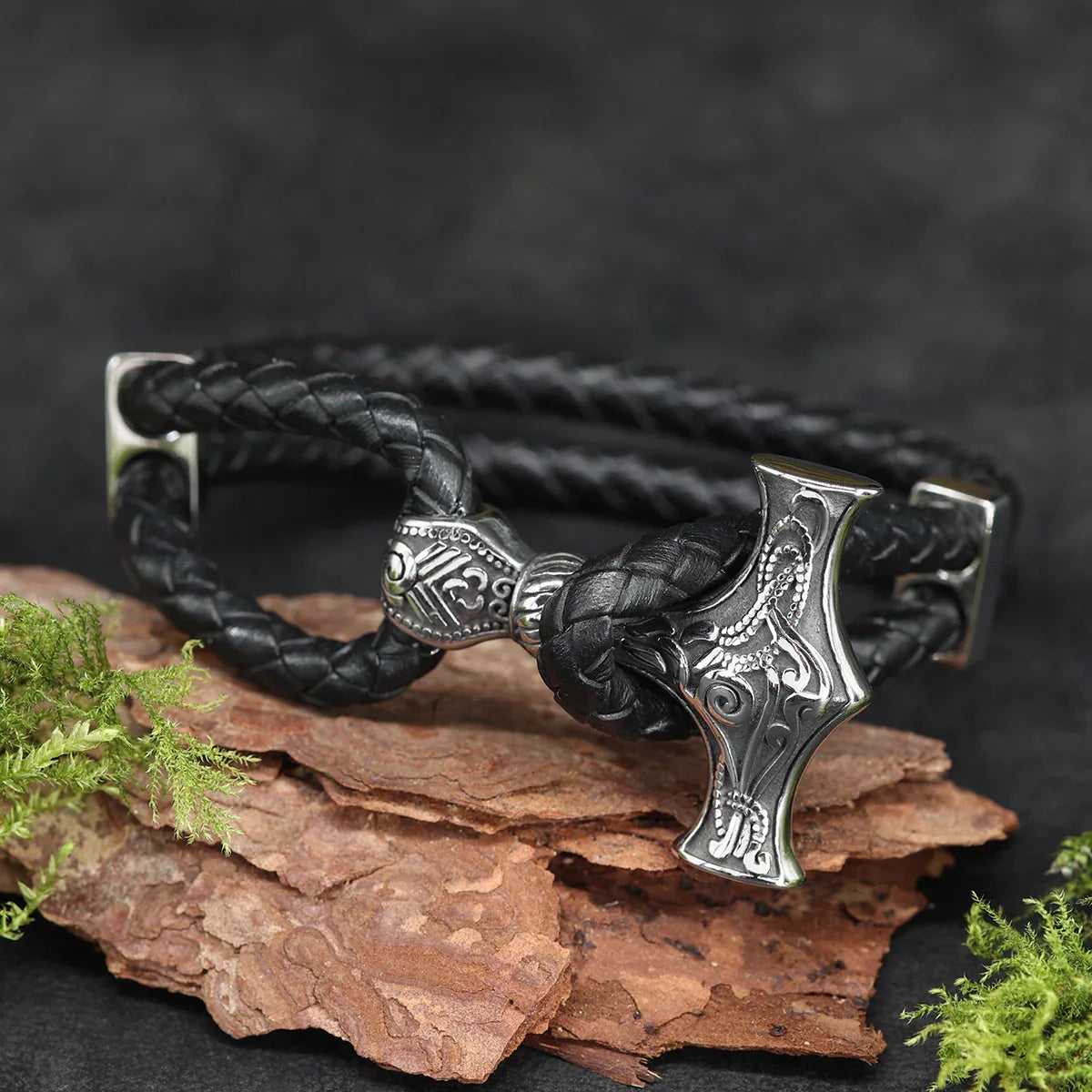 Thorshammer Armband Leder mit Edelstahl Schiebe Verschluss