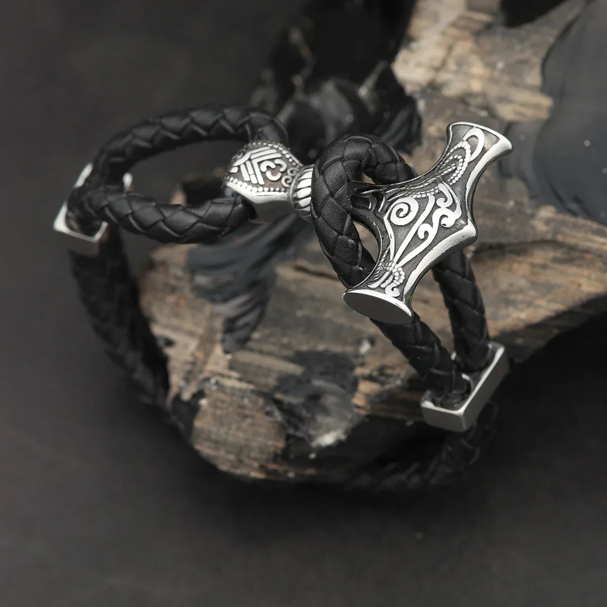 Thorshammer Armband Leder mit Edelstahl Schiebe Verschluss