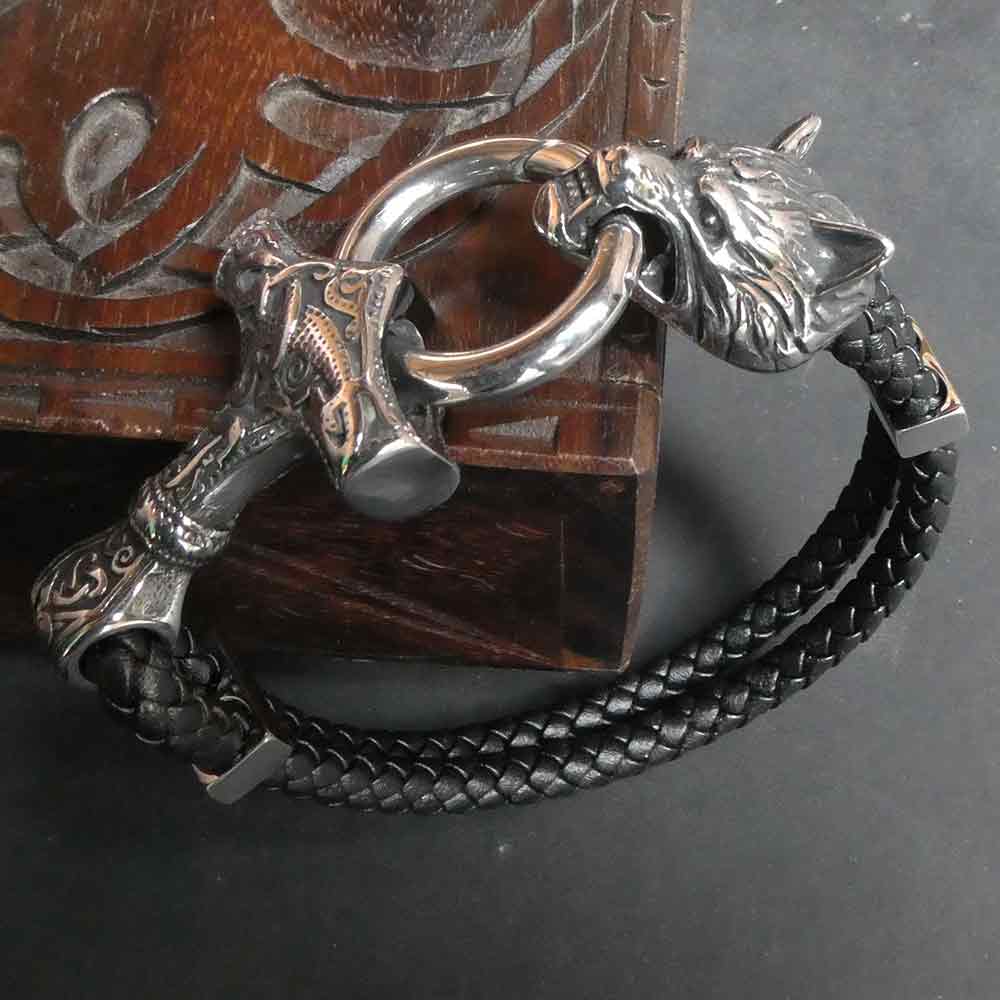 Thorshammer Wolf Armband Edelstahl Biker Armschmuck Leder Edelstahl