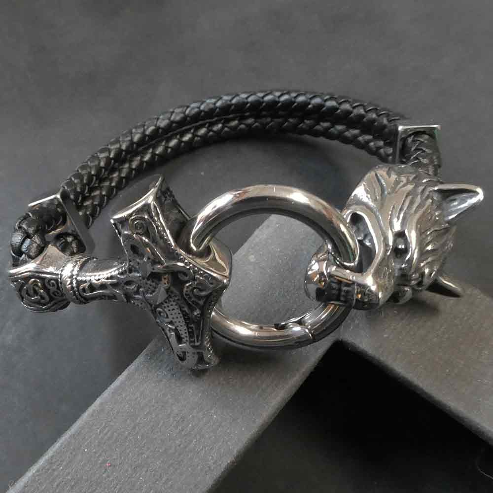 Biker Armschmuck Thorshammer und Wolf Cooles Lederarmband mit Edelstahl