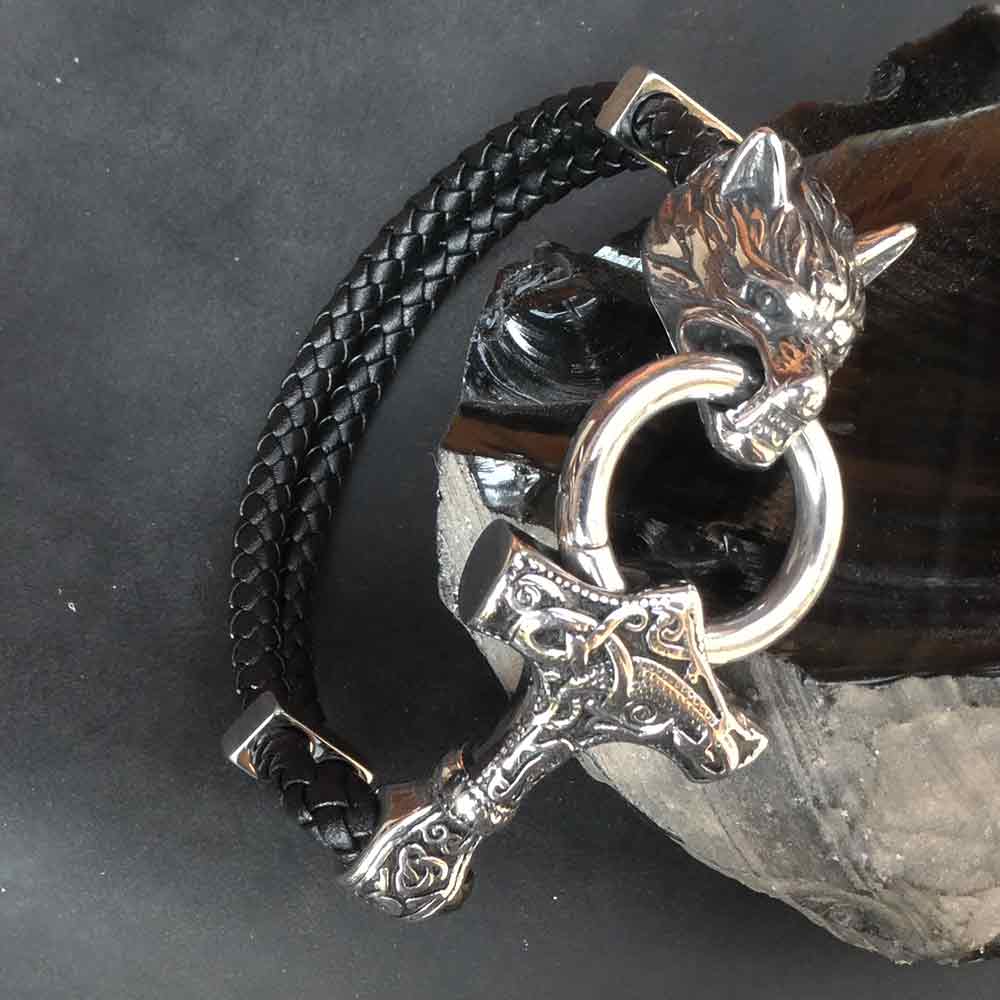 Wolf Thorshammer Edelstahl Leder Armband Männer Biker