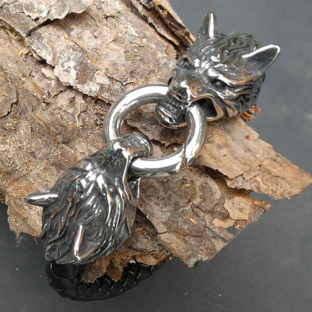 Wolf Armschmuck Edelstahl Leder Wikinger Herren Armband