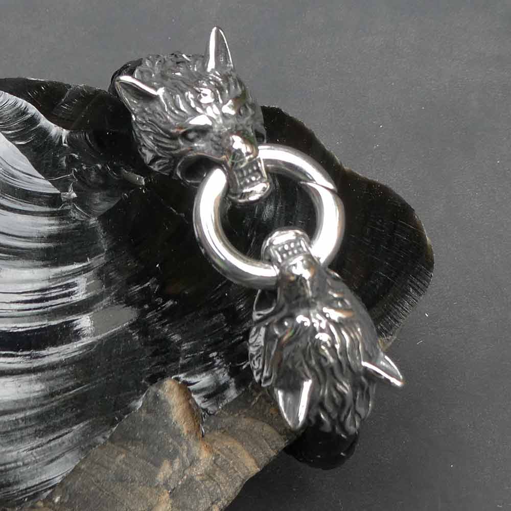 Wölfe Armschmuck Gothic Style Wolf Armband Leder mit Edelstahl