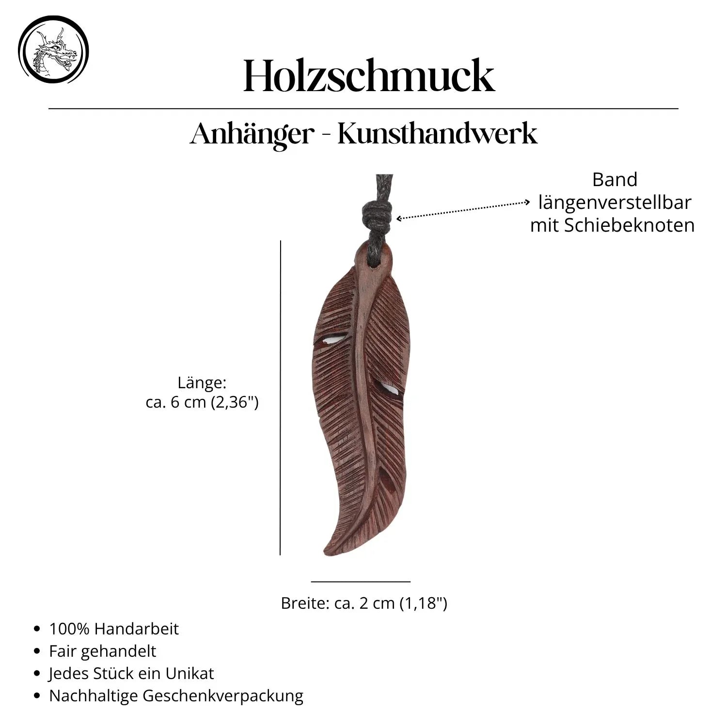 Feder Anhänger Kette Holz geschnitzt Handarbeit Fair gehandelt Schmuck Halskette