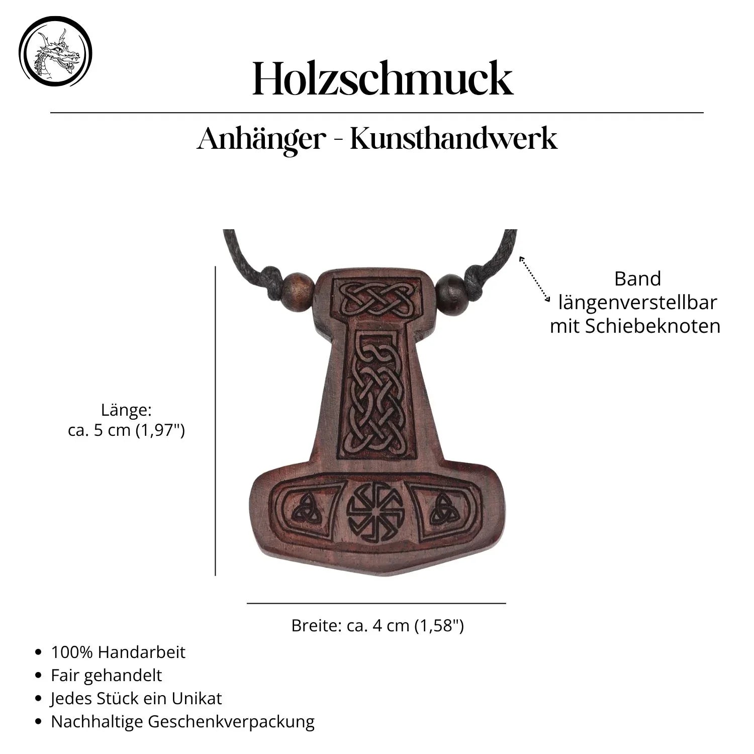 Thor Hammer Anhänger Kette Holz geschnitzt Handarbeit Wikinger Schmuck Halskette