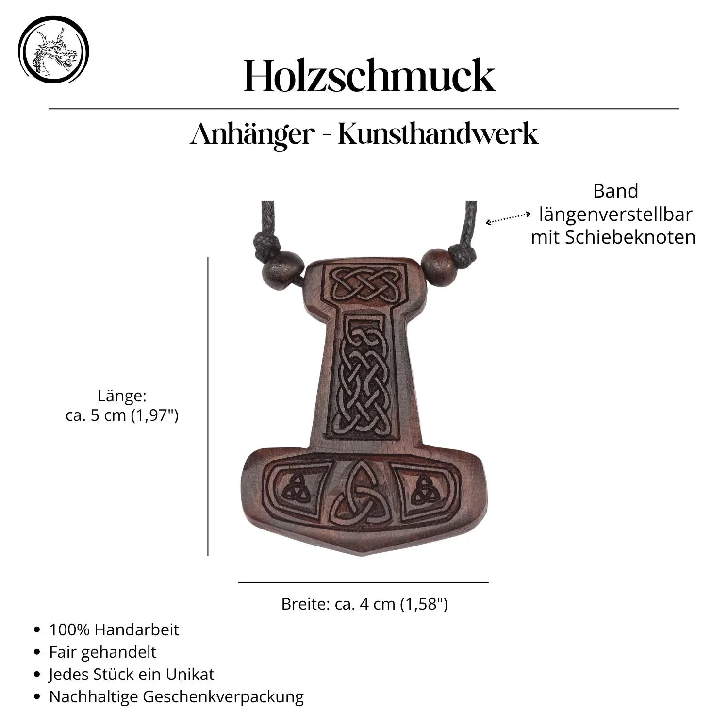 Thorshammer Anhänger Kette Holz geschnitzt Handarbeit Wikinger Schmuck Halskette