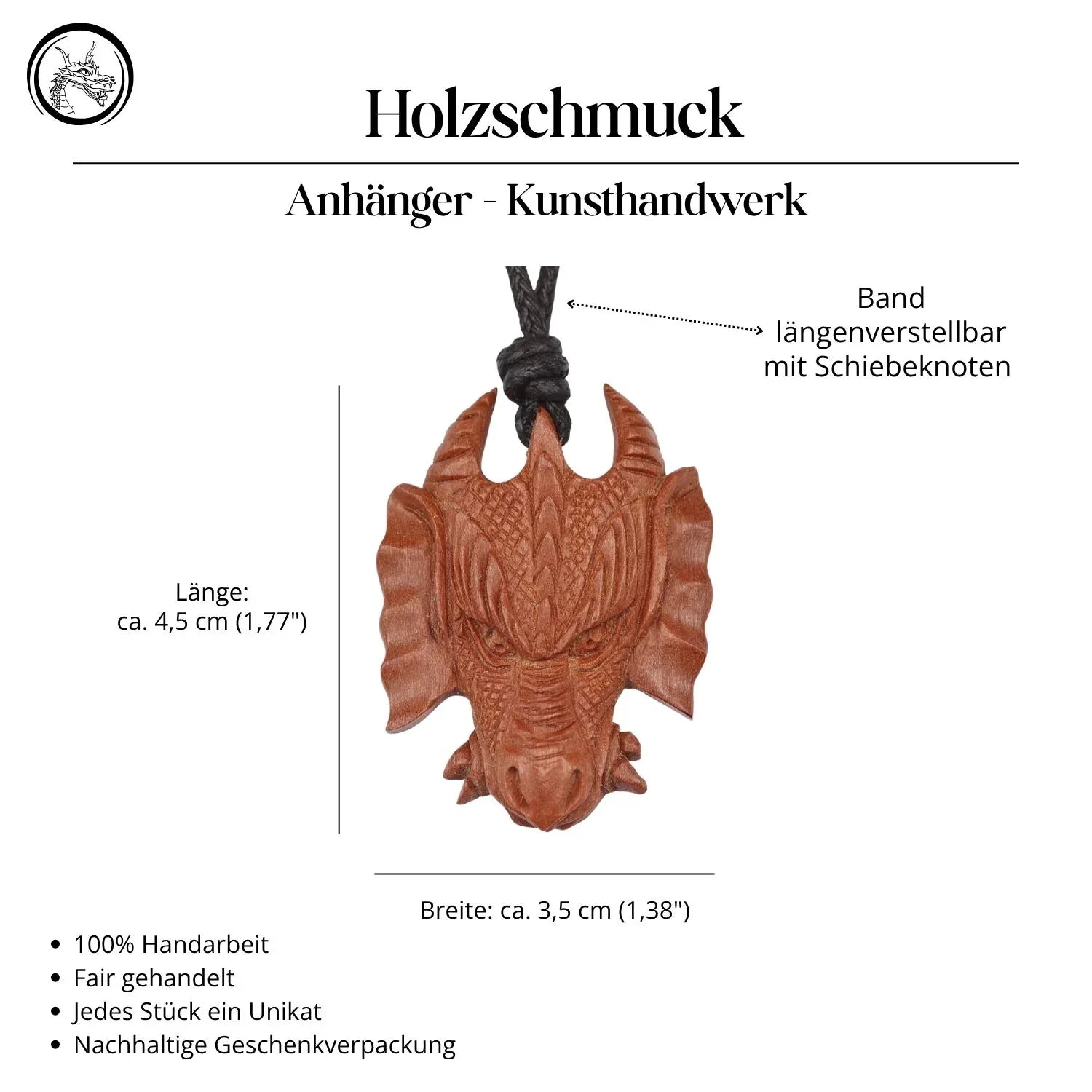 Drache Anhänger Kette Holz geschnitzt Handarbeit Schmuck Halskette