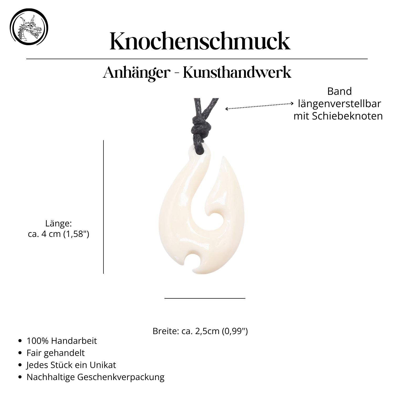 Maori Hei Matau 4cm Bone Jewelry Pendant Necklace