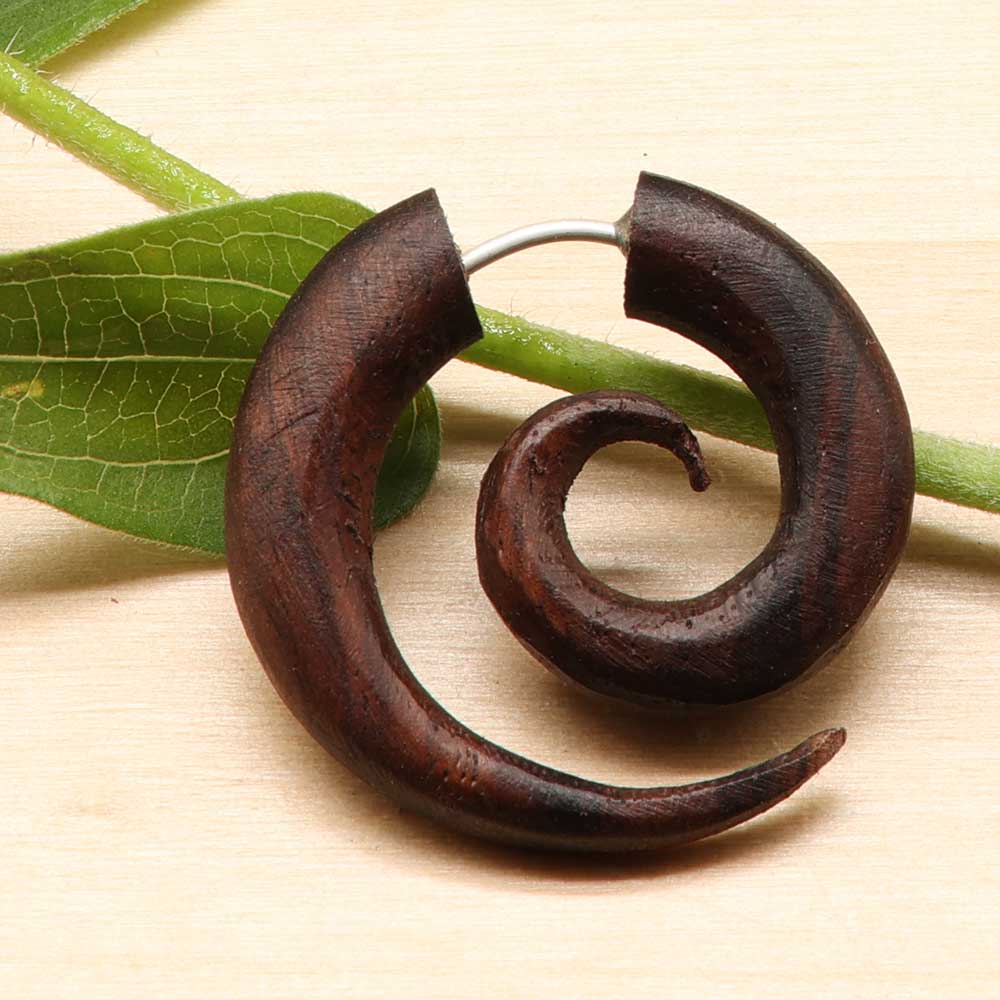 Spirale Holz Ohrring Fake Piercing Handarbeit Silber Stecksystem Holzschmuck
