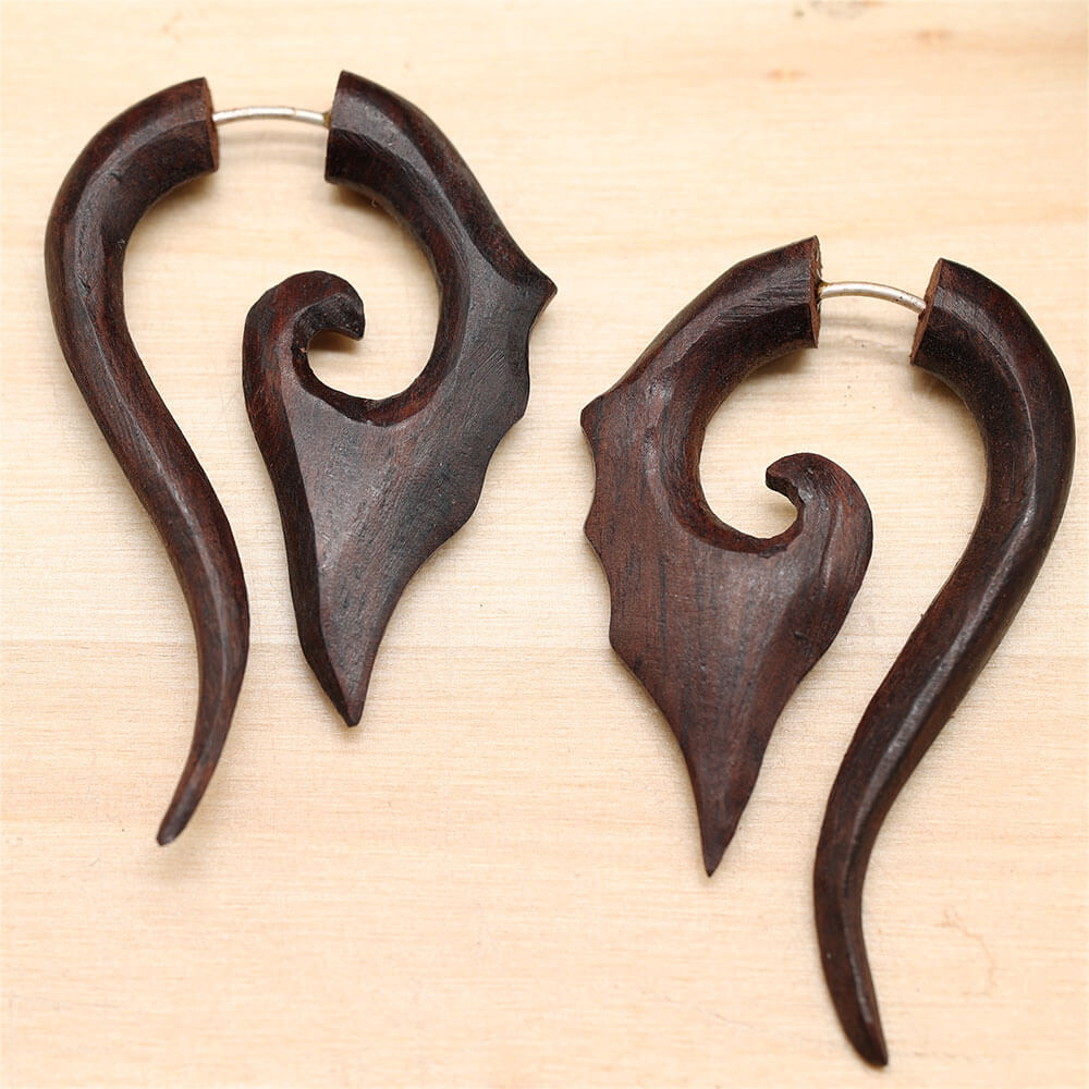Garuda wooden earrings, fake piercing earrings, wooden jewelry
