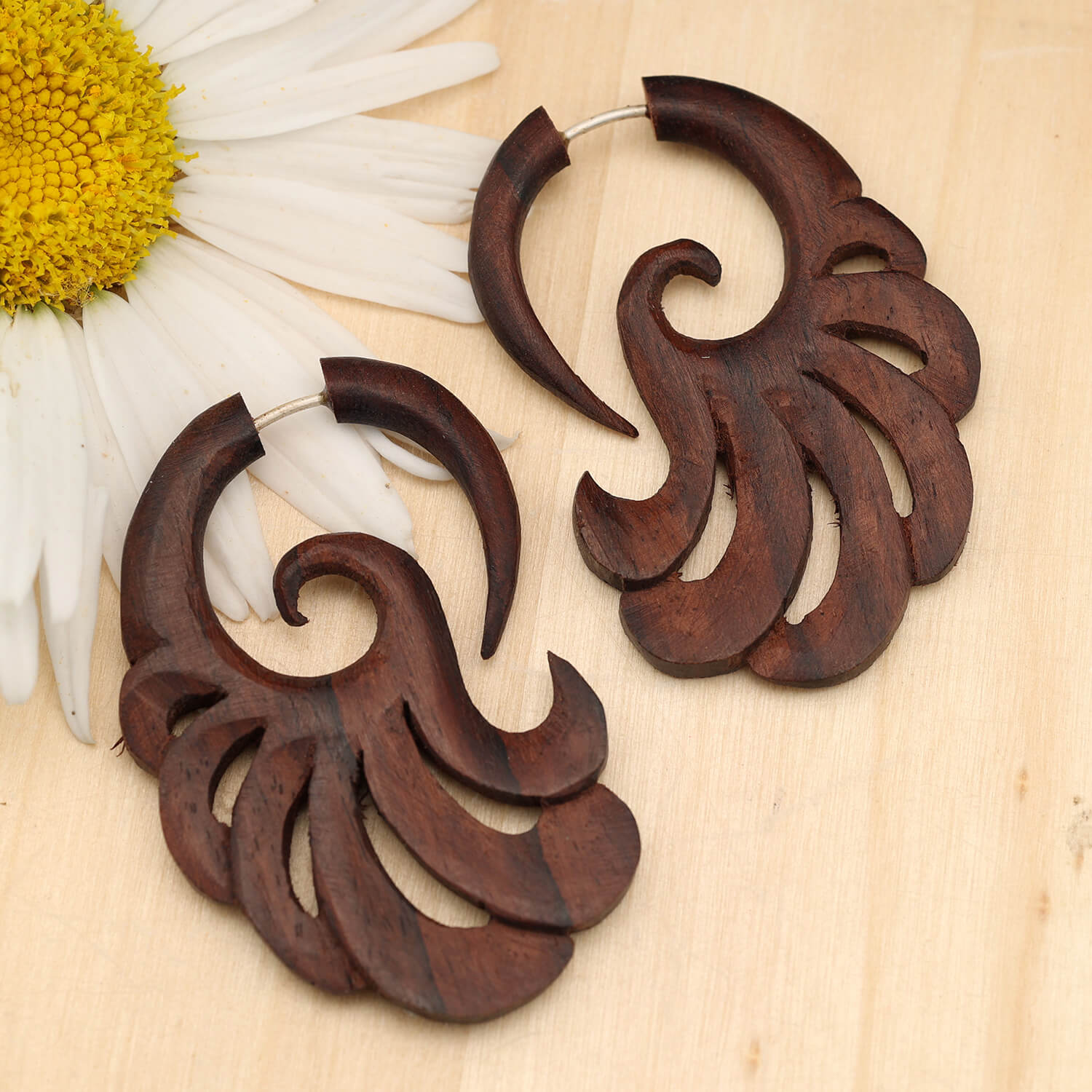 Fan-shaped wooden earring, fake piercing earring