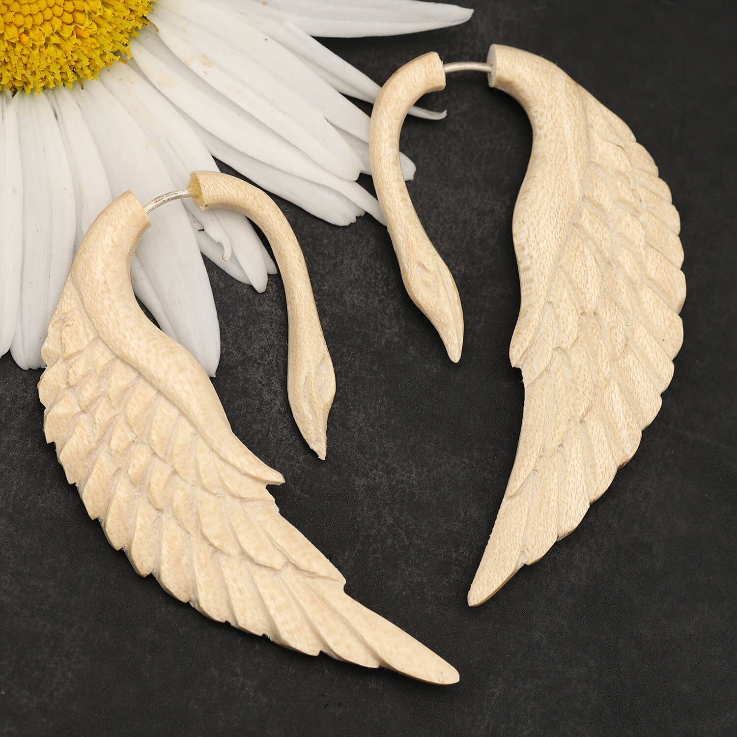 Swan wood earrings, fake piercing, white wood