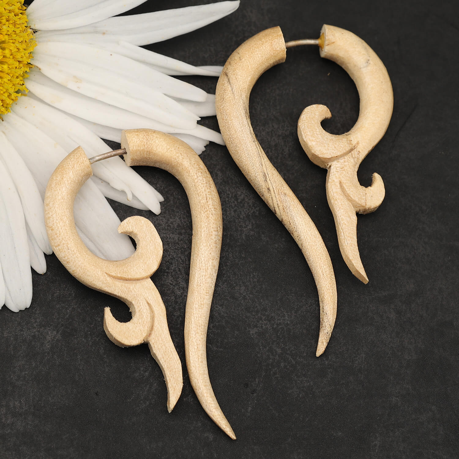 Matau wooden jewelry, earrings, fake piercings, white wood