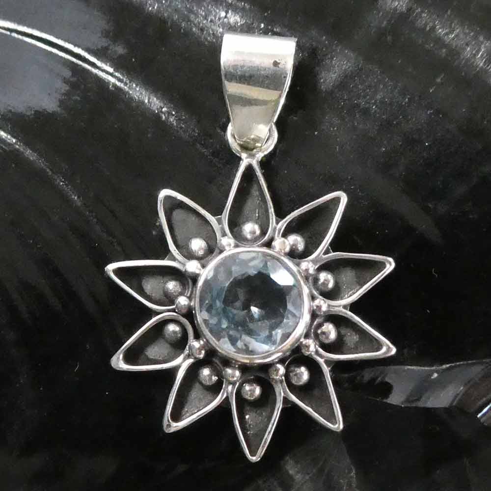 Sonne Edelstein Blauer topas Silber Anhänger