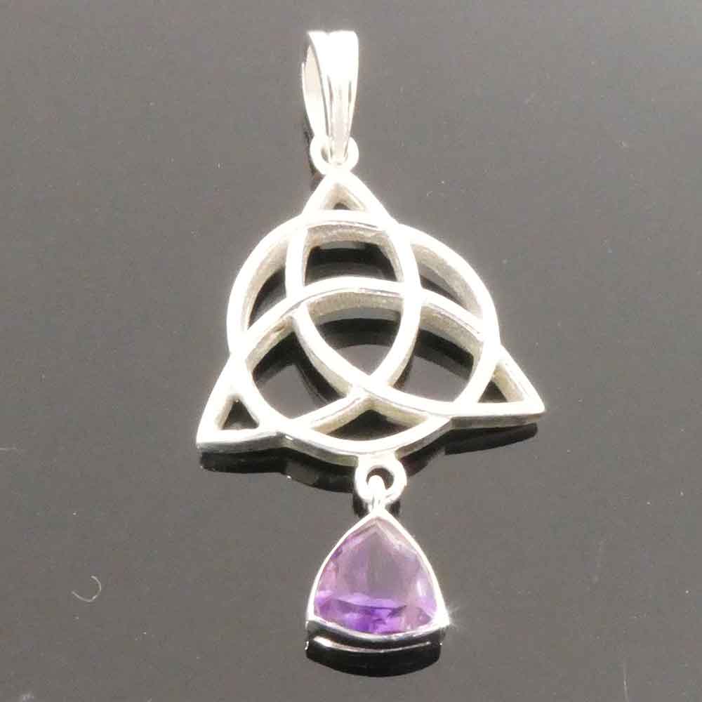 Celtic triangle knot with amethyst, medieval silver jewelry, 925 silver