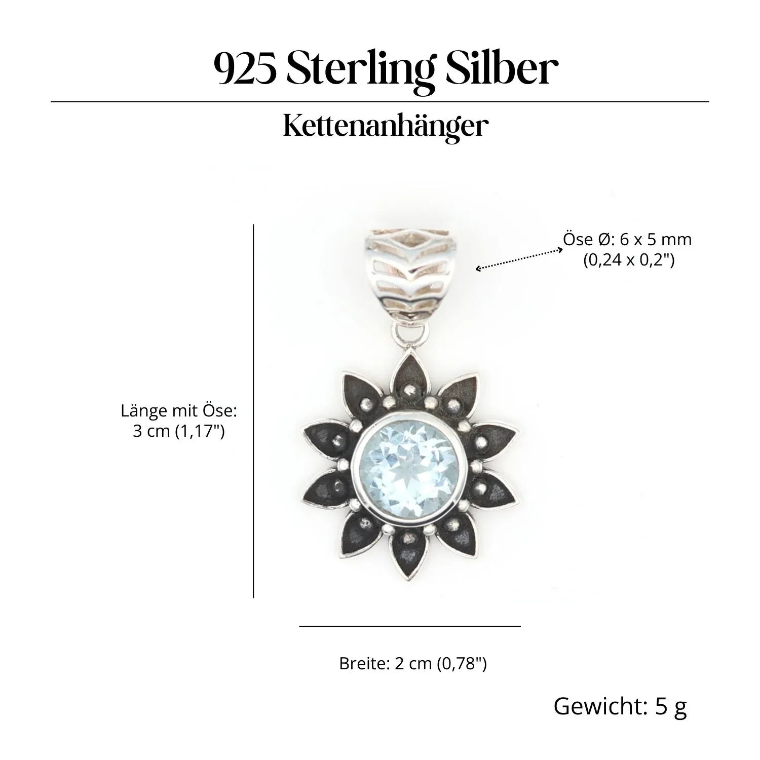 Blauer Topas Sonne Edelstein Anhänger Silber Steinschmuck 925 Sterlingsilber