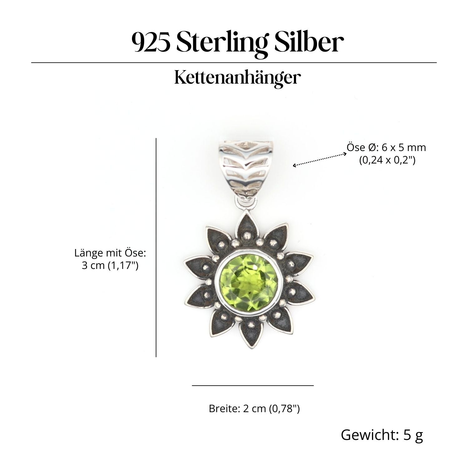 Peridot Sun Pendant with Gemstone, Silver Jewelry, 925 Silver