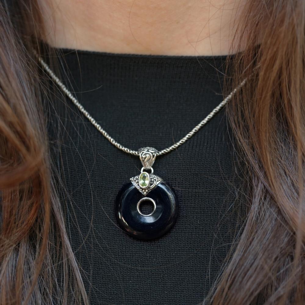 Edelstein Onyx Anhänger Kette Silber Peridot Handarbeit