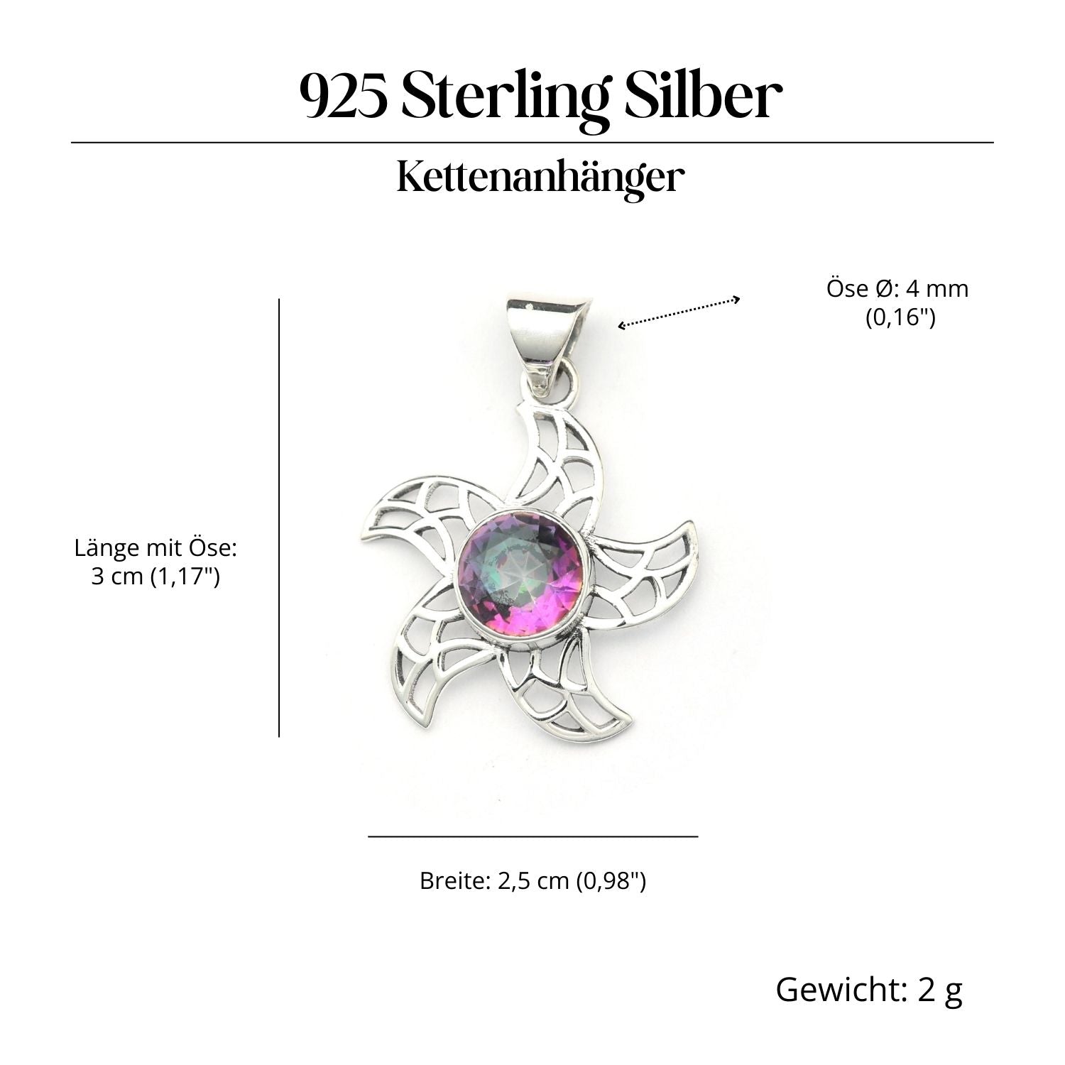 Sun pendant with gemstone Magic Quartz in 925 silver