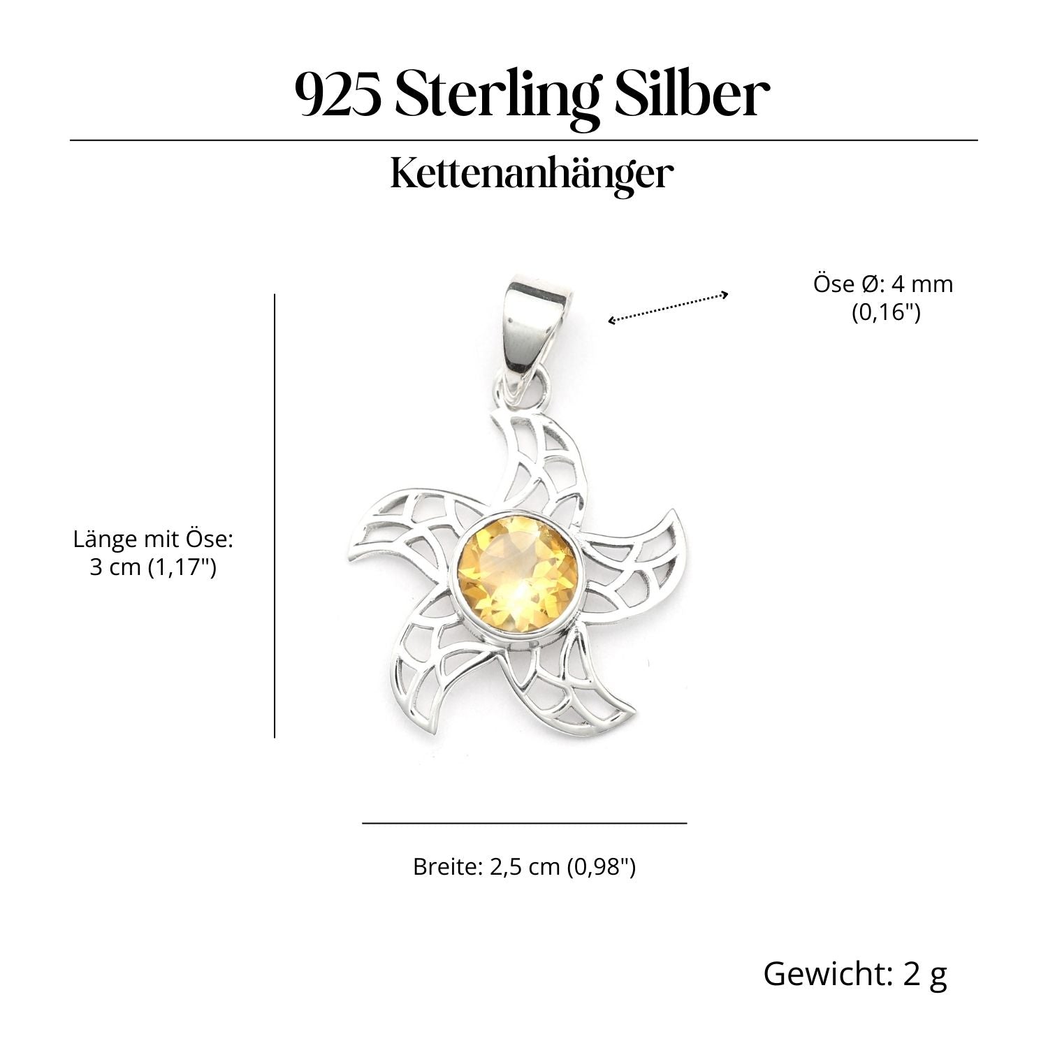 Sun pendant with citrine gemstone, made of 925 silver