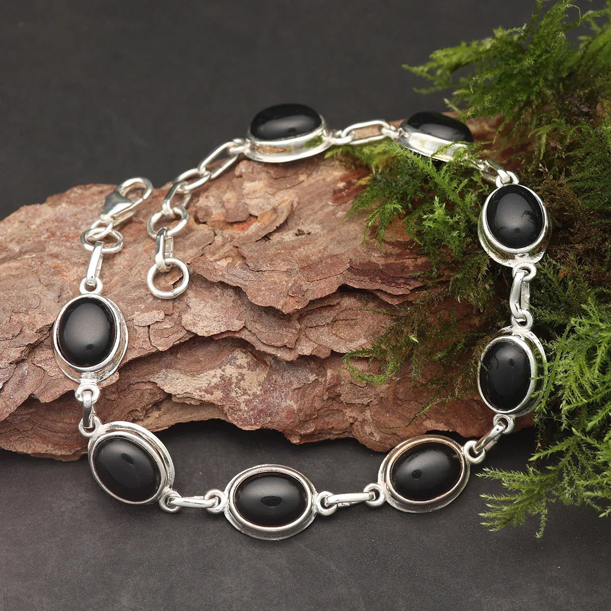 Schwarze Edelsteine Onyx Damen Armschmuck 925 Silber