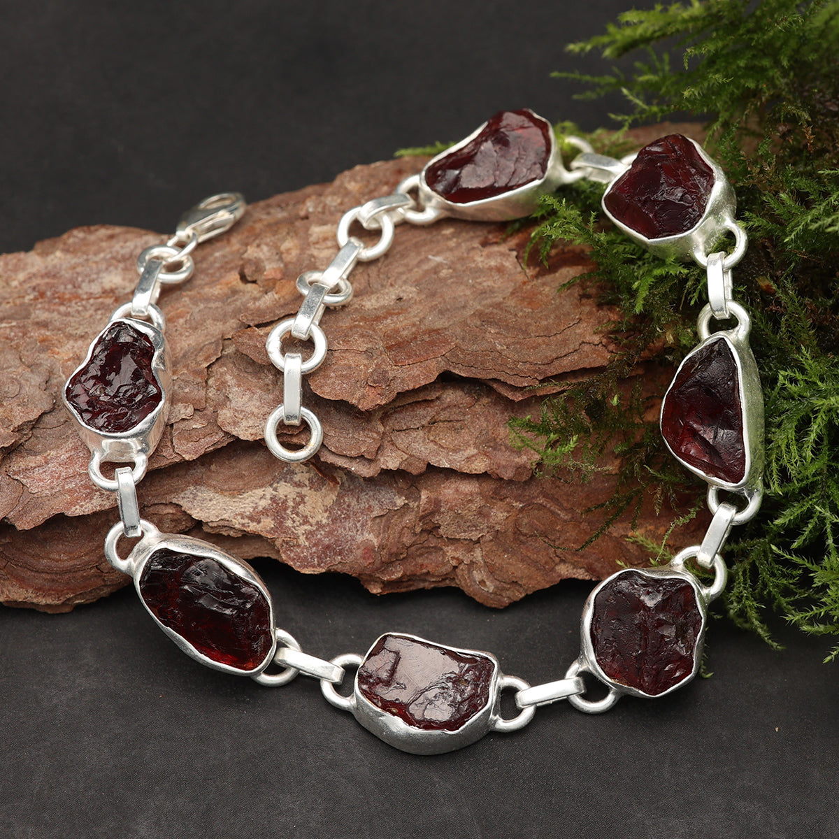 Granat Armband Silber einreihig Rohsteine edler Armschmuck aus Sterlingsilber