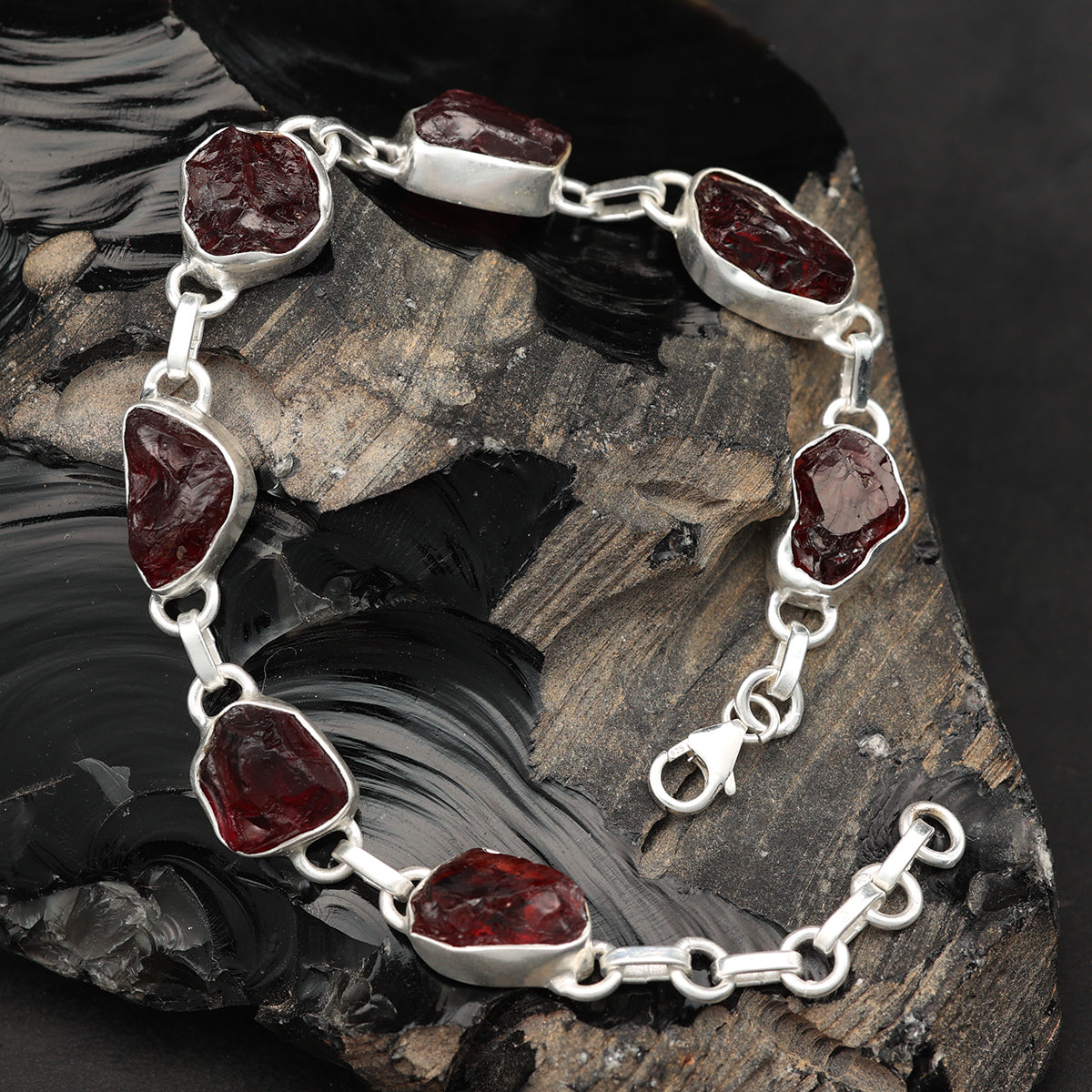 Granat Armband Silber einreihig Rohsteine edler Armschmuck aus Sterlingsilber