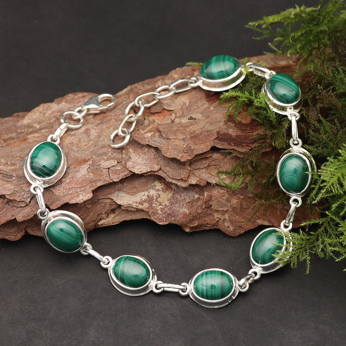 Schlichtes Malachit Armband 925 Silber grüne Steine Edelstein Armschmuck