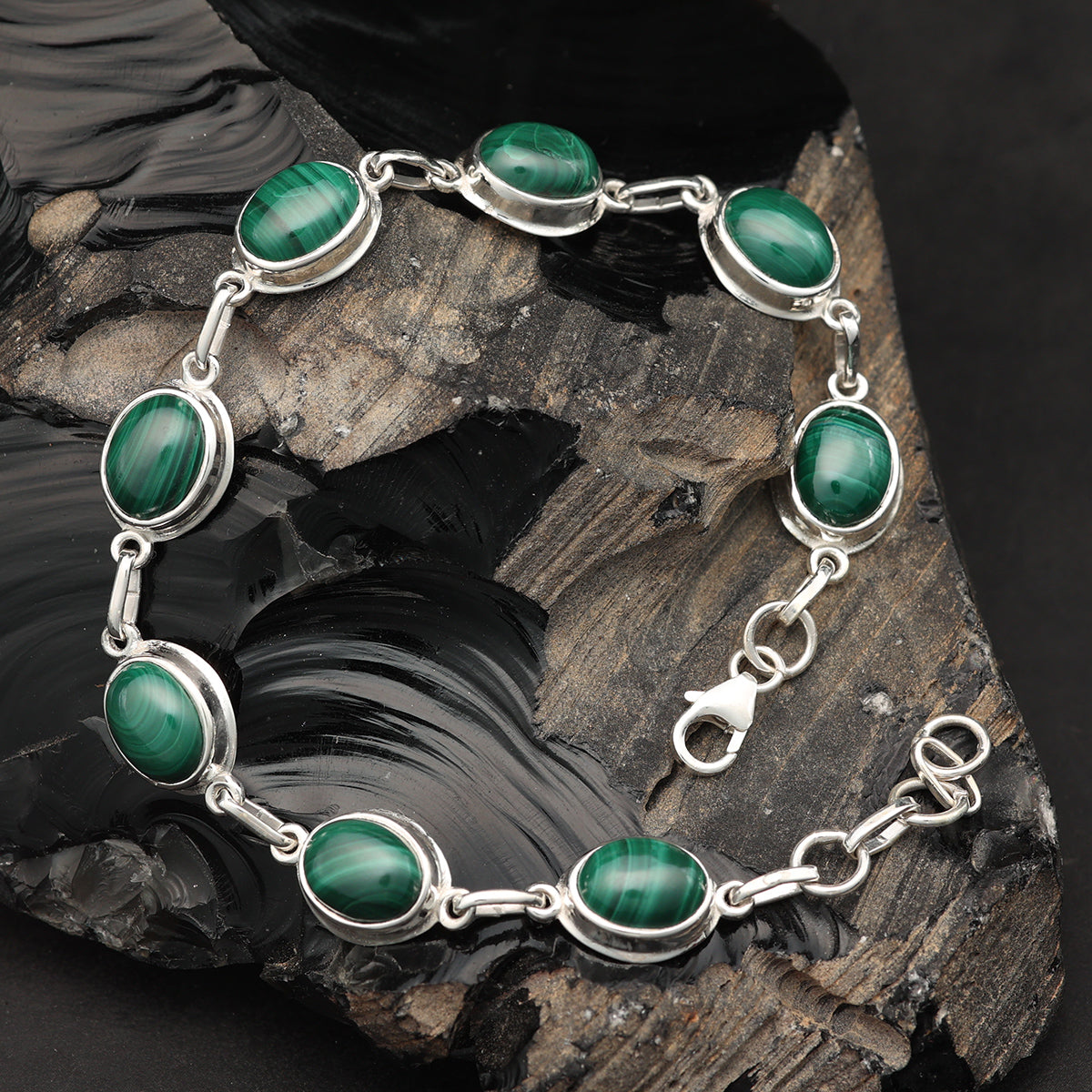 Schlichtes Malachit Armband 925 Silber grüne Steine Edelstein Armschmuck