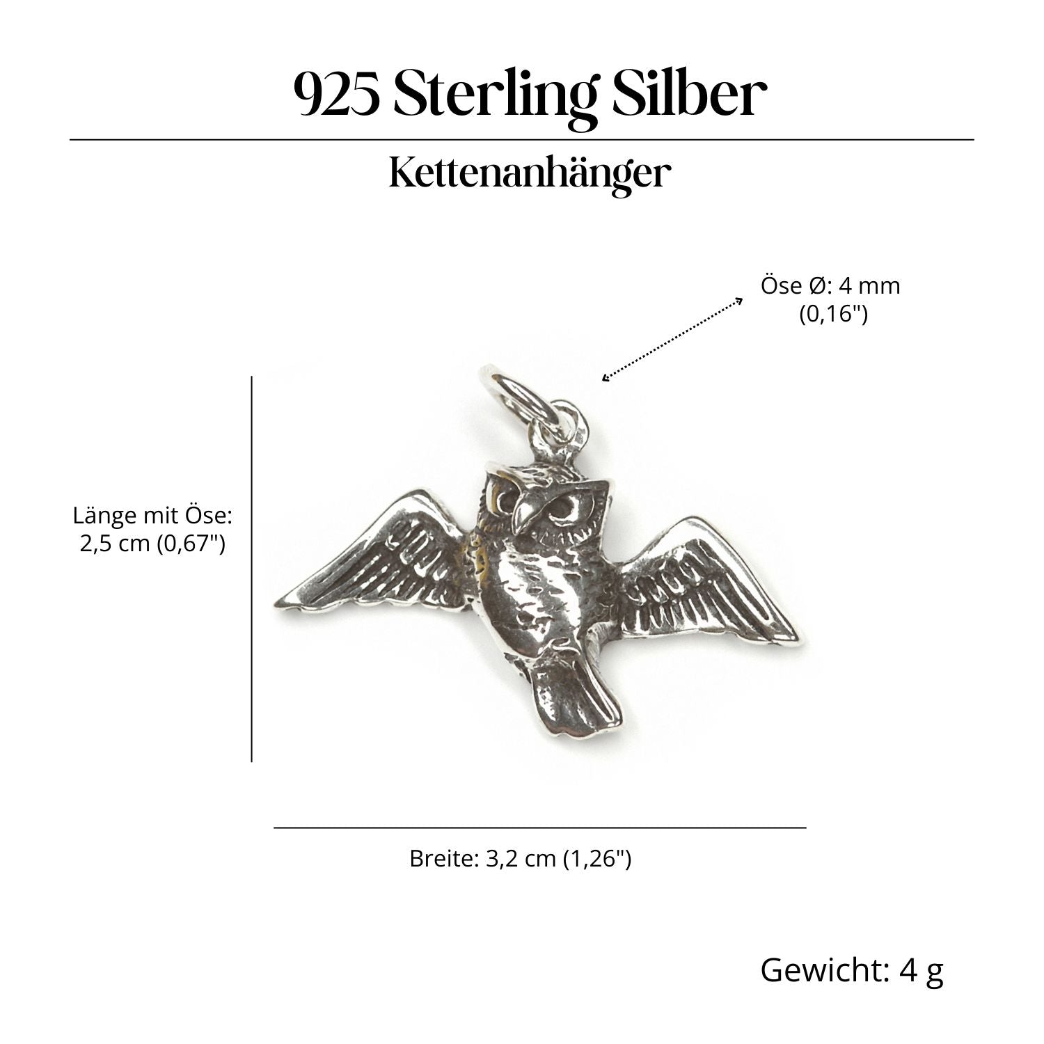 Flying owl jewelry pendant, 925 silver