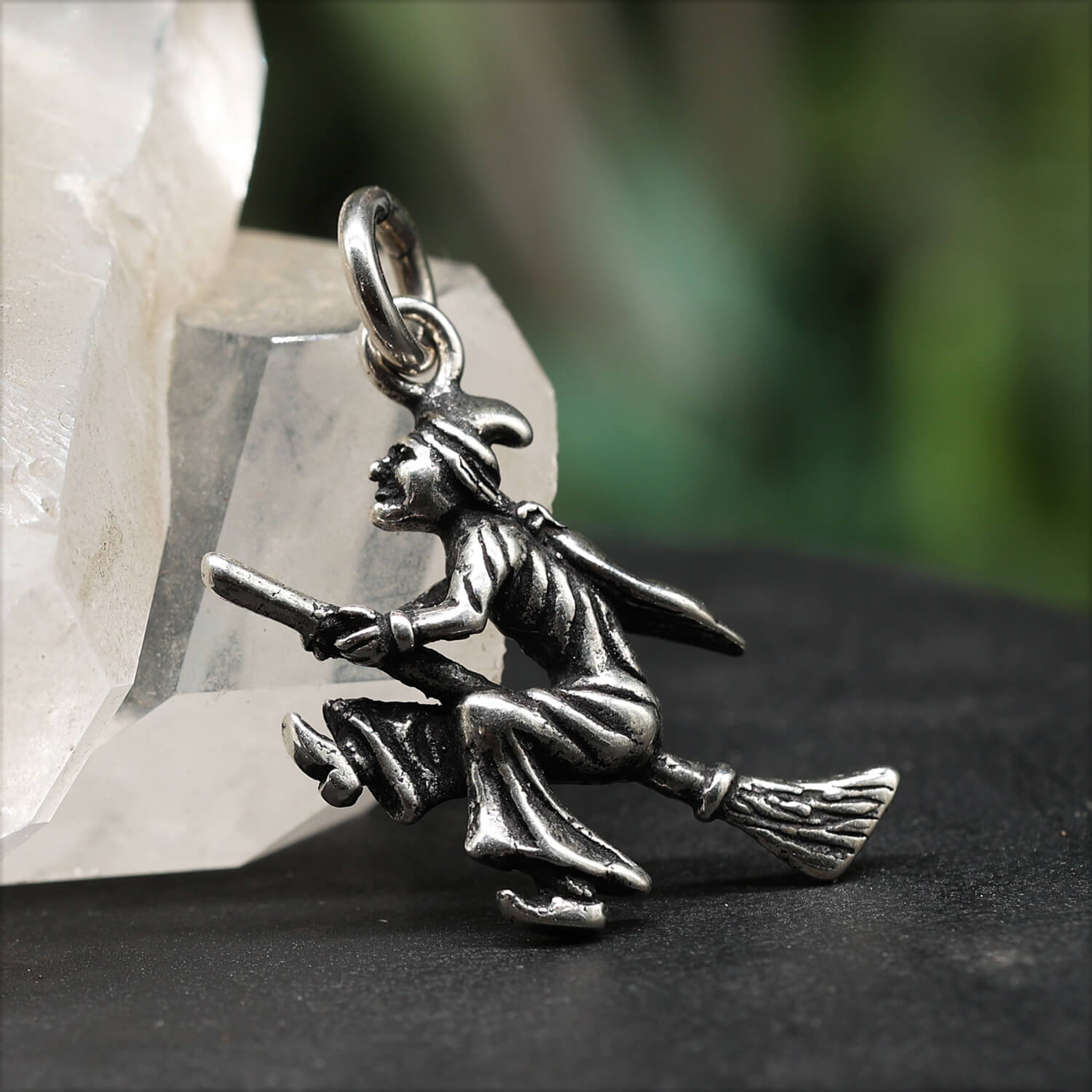 Hexe auf Besen Kettenanhänger 925 Silber Schmuck