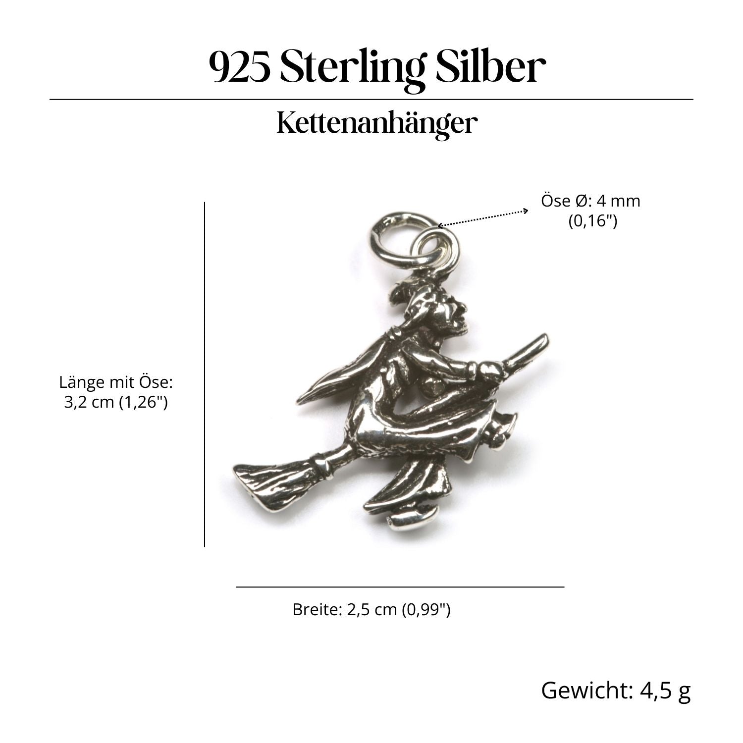 Witch on a broomstick pendant, 925 silver jewelry