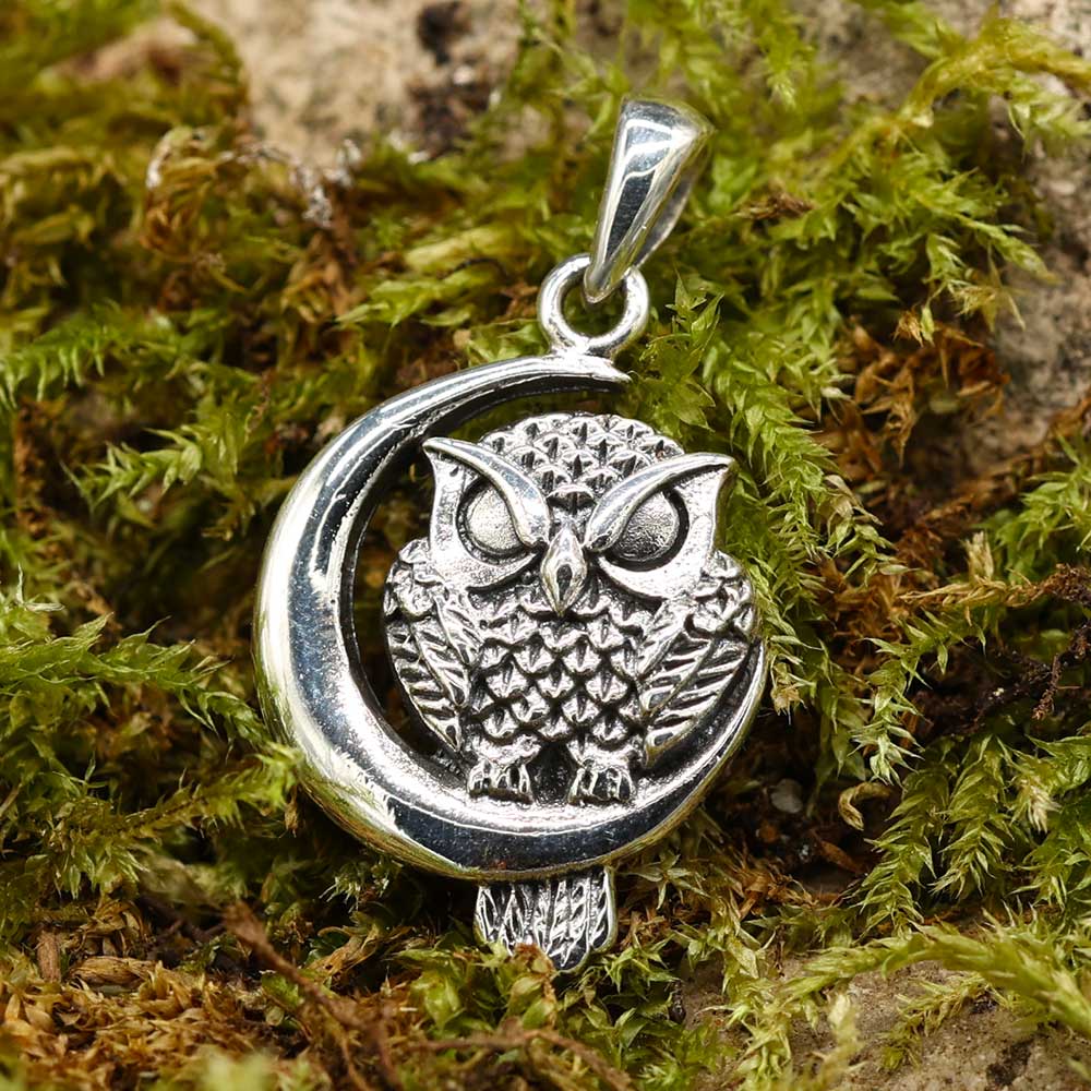 Eule Anhänger im Mond Silberschmuck 925/000 Silber