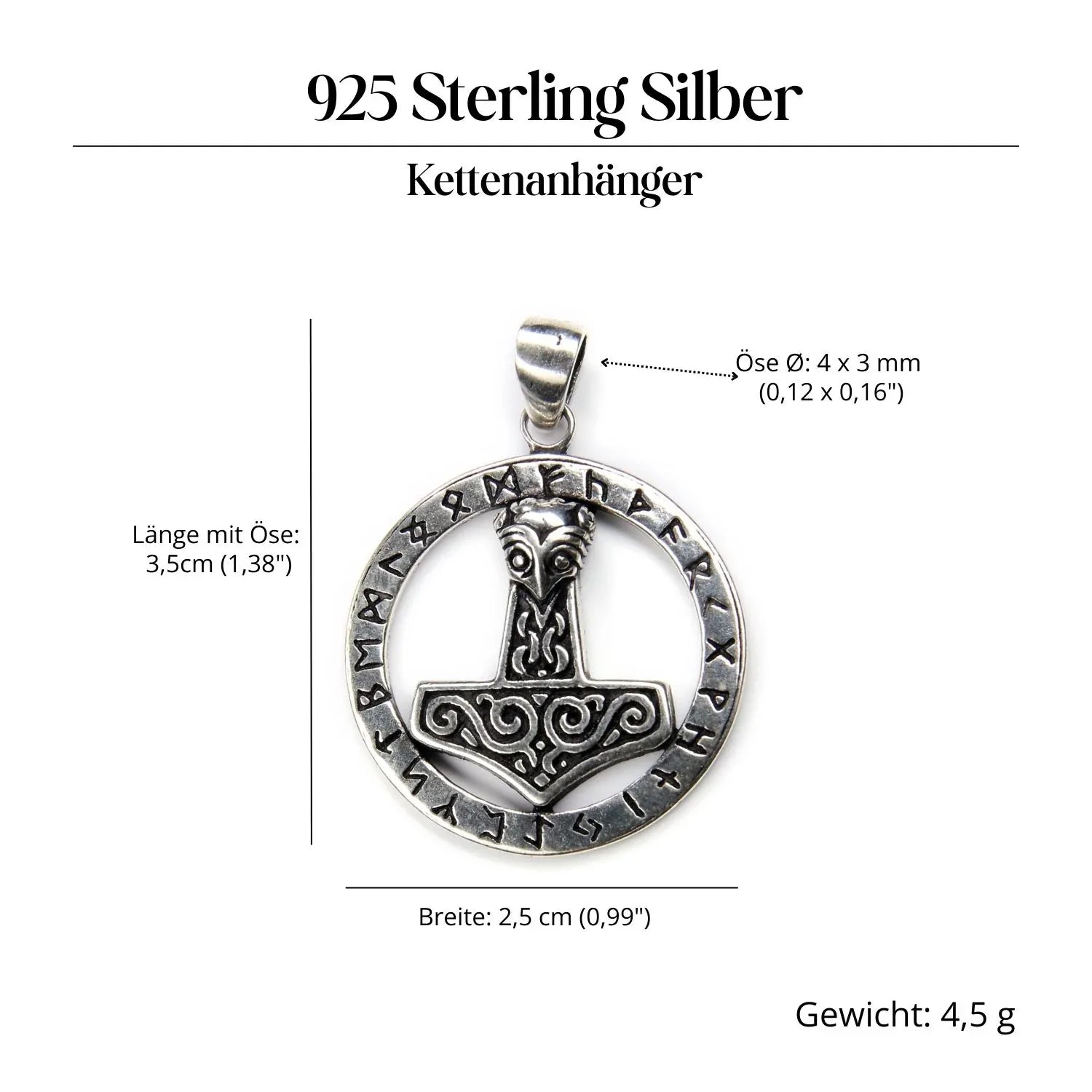 Thor's Hammer Jewelry Runes 925 Silver Pendant