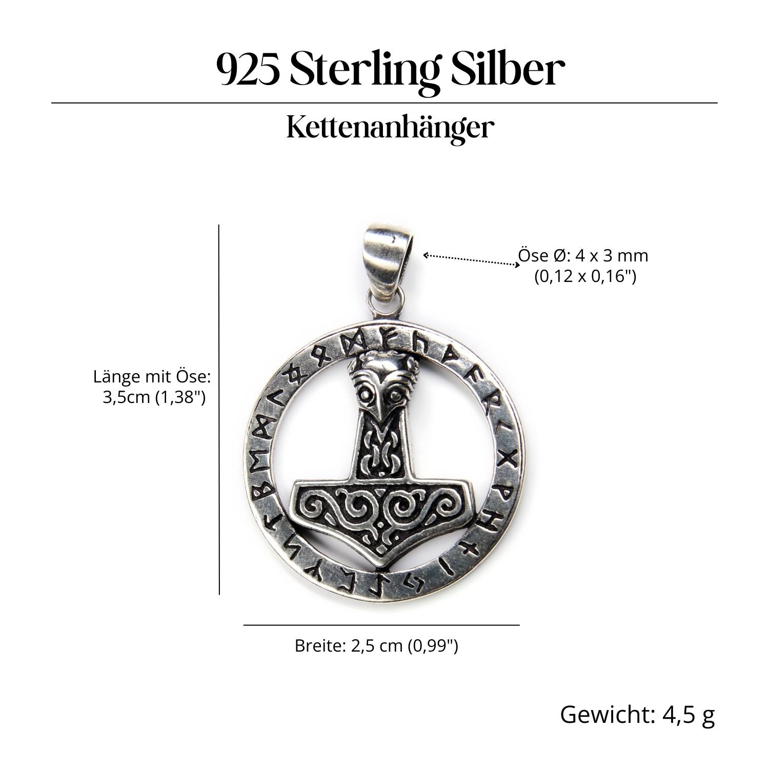 Thor's Hammer Jewelry Runes 925 Silver Pendant