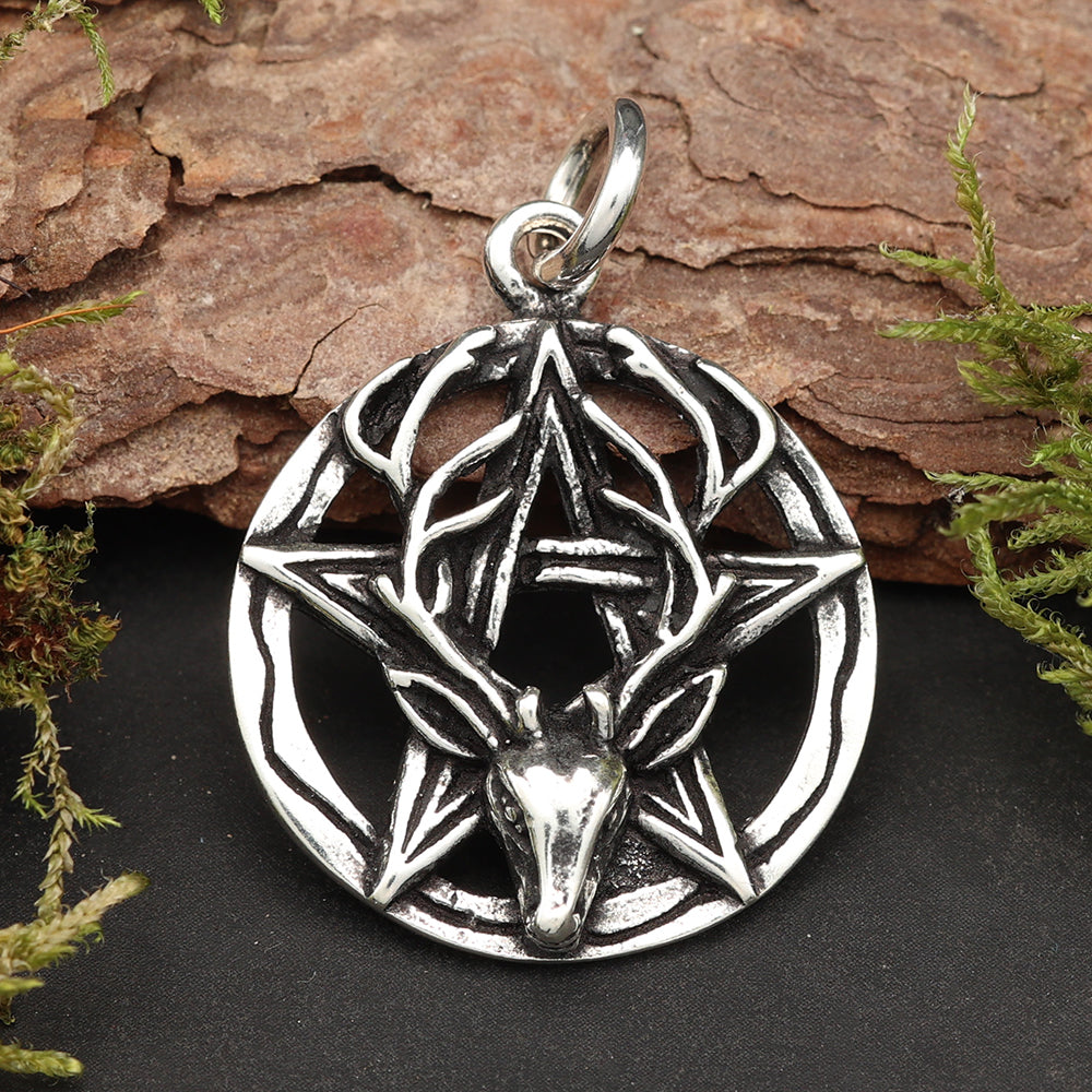 Pentagramm Hirschkopf Silberanhänger 925 Kette Schmuck Anhänger