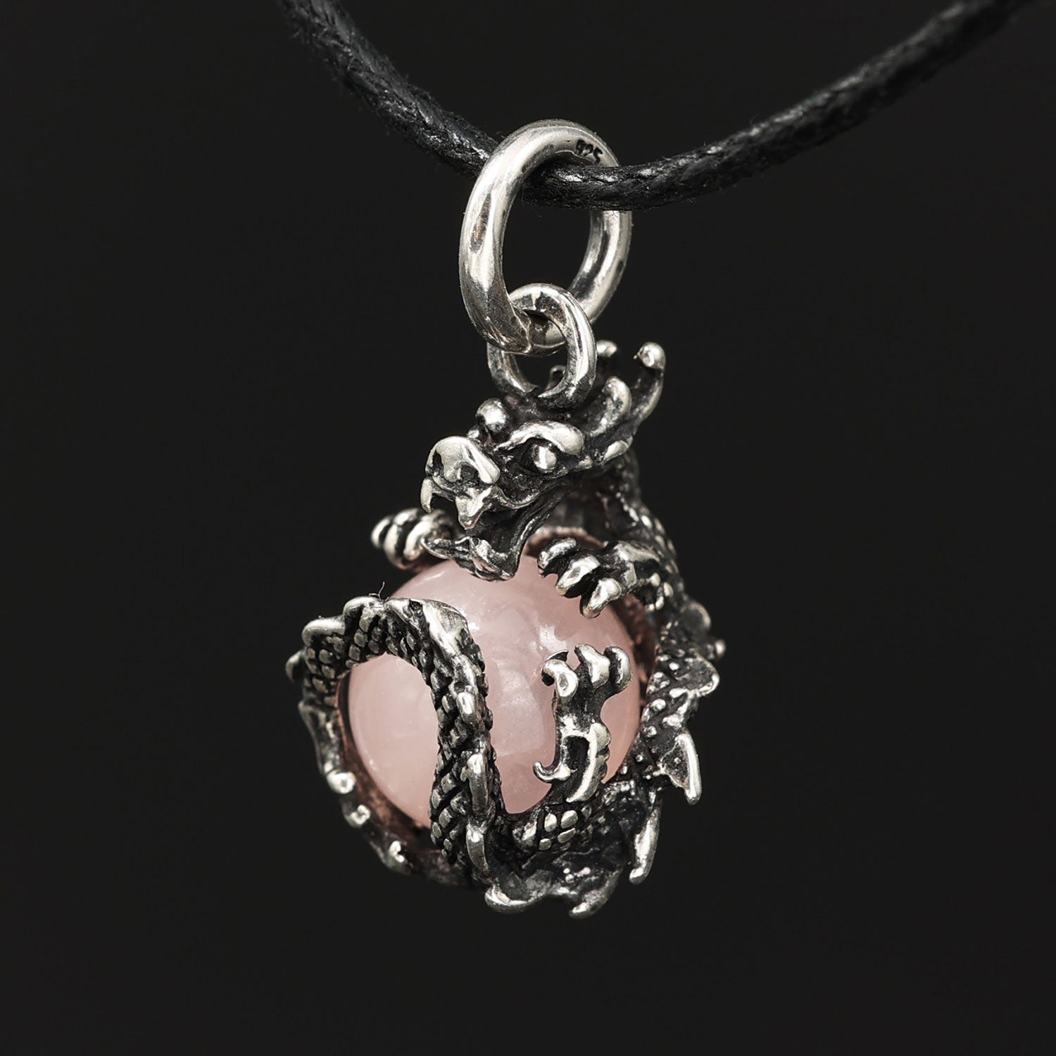 Drache Rosenquarz Kugel Silber Anhänger
