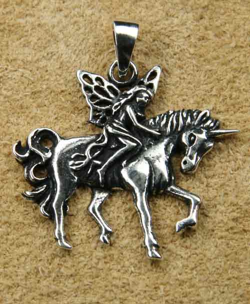 Elfe auf Einhorn Kettenanhänger Silber