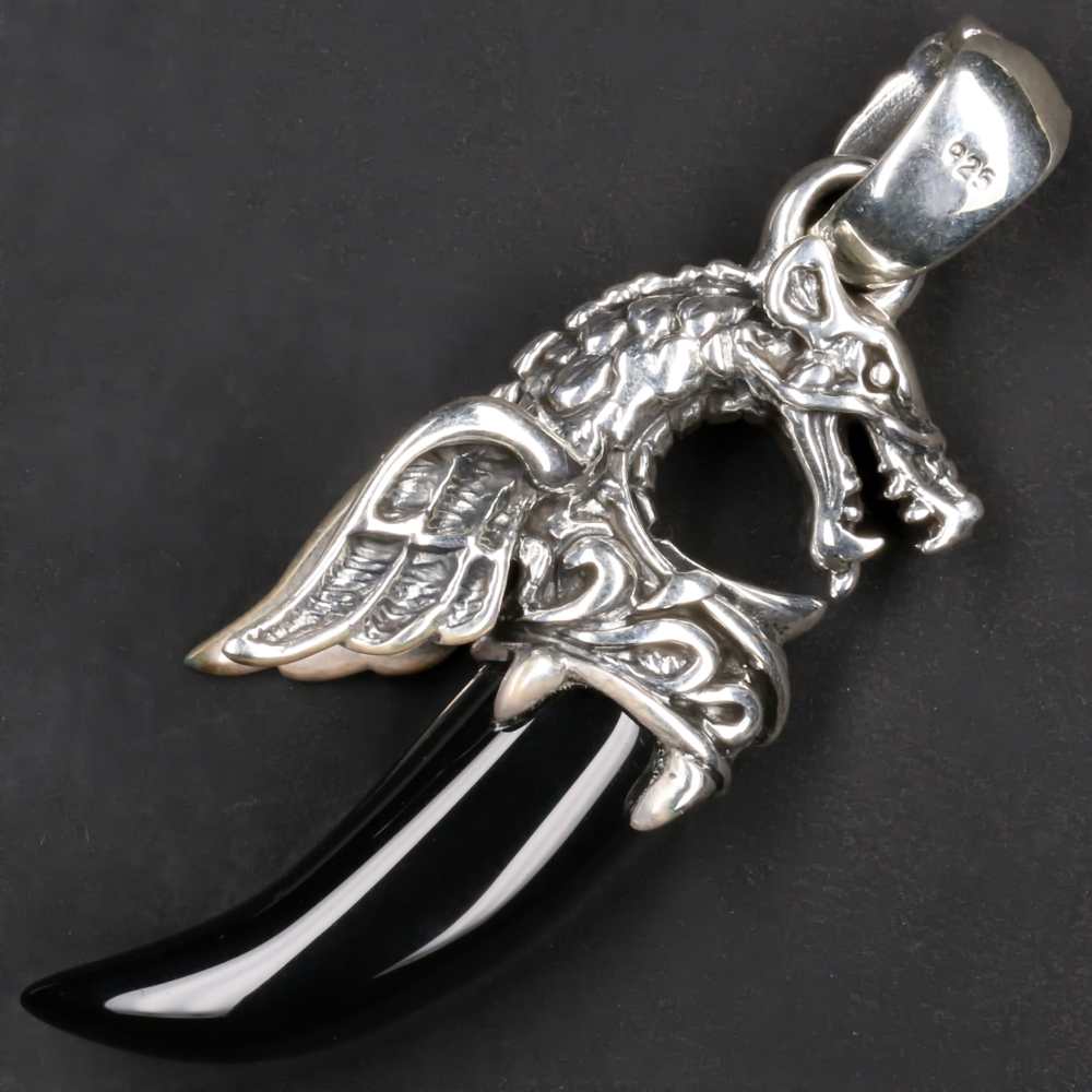 Drache auf Onyx Zahn großer 925 Silber Kettenanhänger ausgefallener Anhänger
