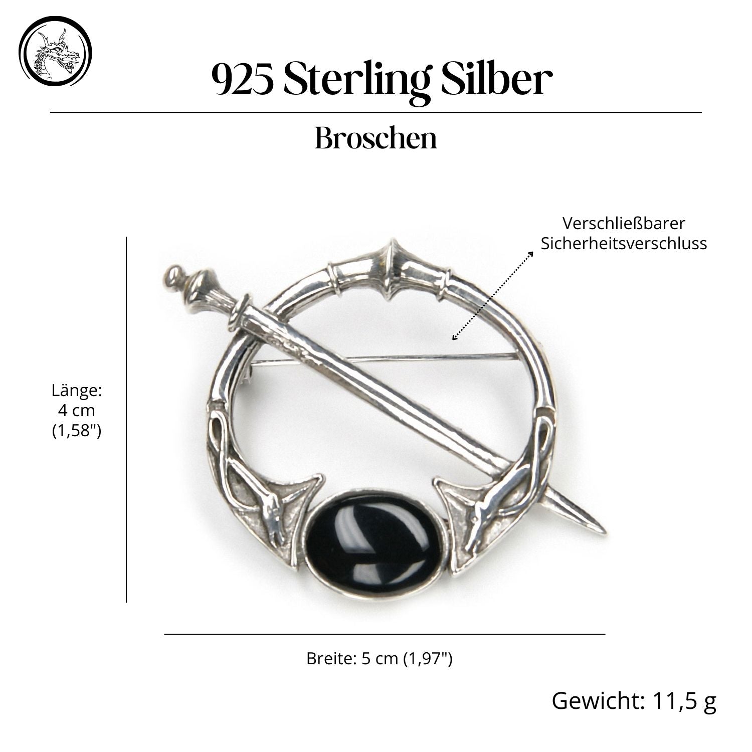 Brosche Fibel Onyx Silberschmuck 925 Silber