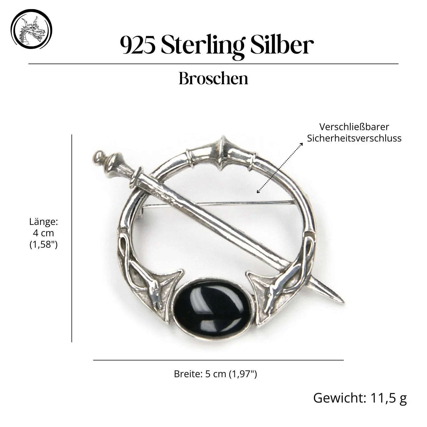 Fibel mit Onyx Silber Brosche Mittelalter Gewandnadel 925 Sterlingsilber