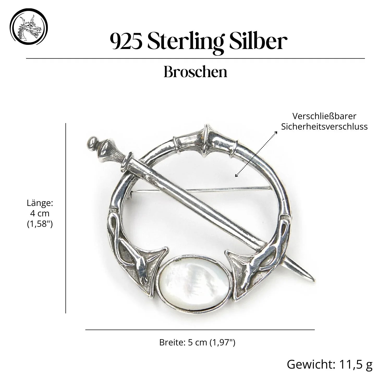Fibel mit Perlmutt Silber Brosche Mittelalter Gewandnadel 925 Sterlingsilber