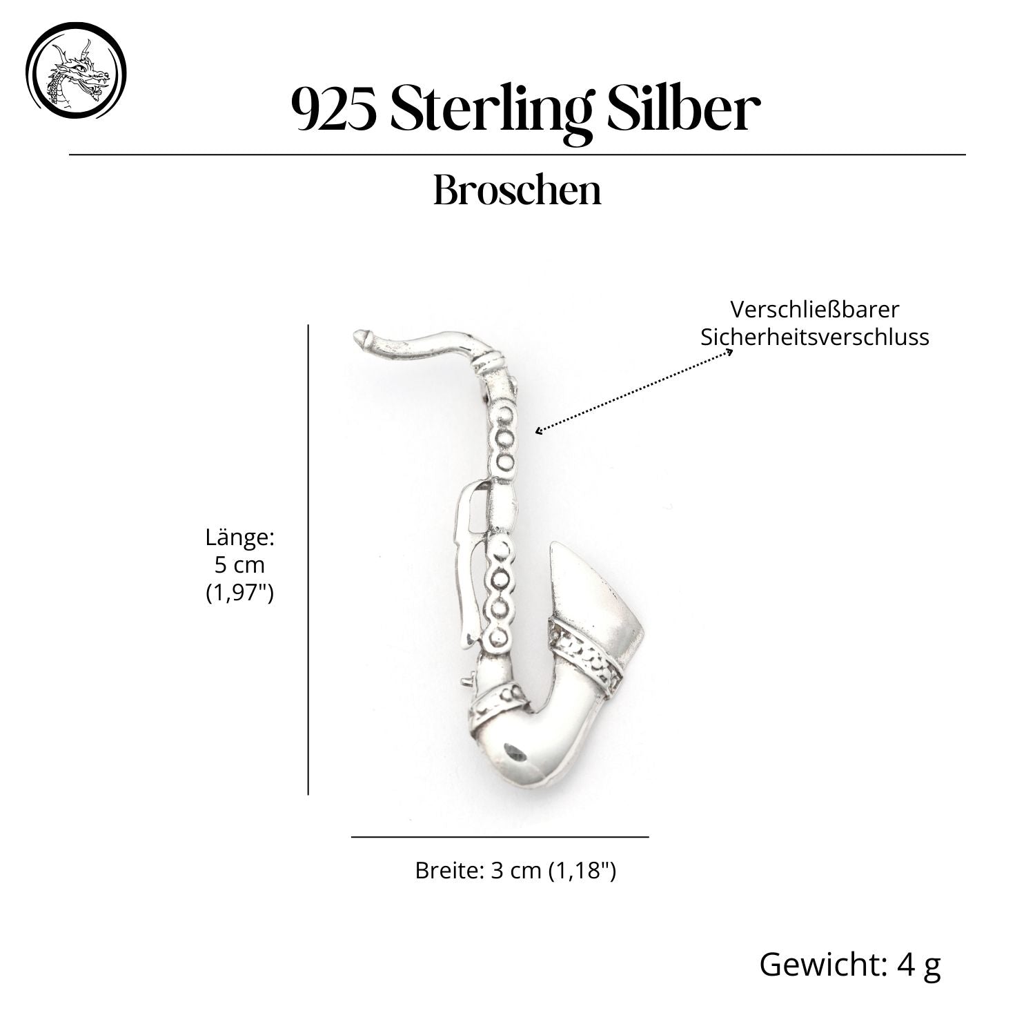 Saxophon Silber Brosche Mittelalter Gewandnadel Sterlingsilber