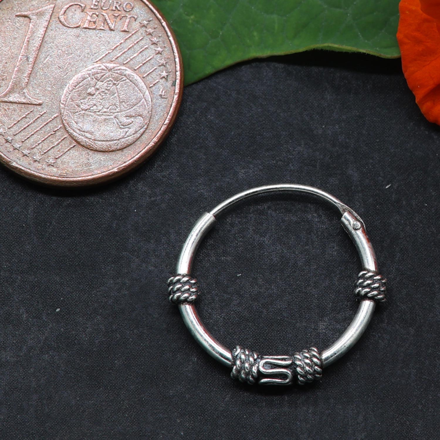 Feine Verzierung Creole 925 Silber 15 mm