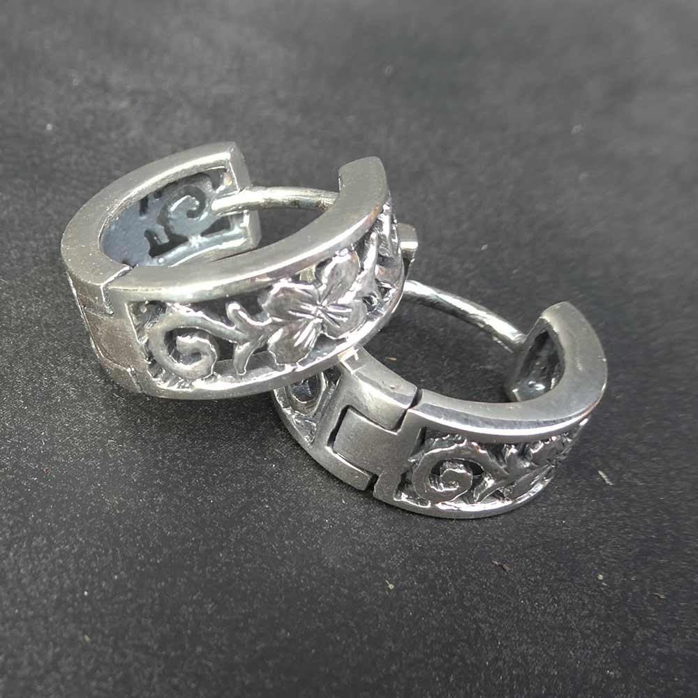 Klappcreole Blumen Muster Breit 925er Silber Ohrring